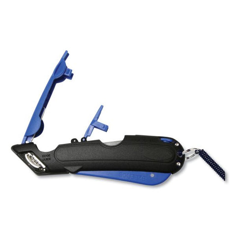 COSCO Easycut Self-Retracting Cutter with Safety-Tip Blade, Holster and Lanyard, 6" Plastic Handle, Black/Blue