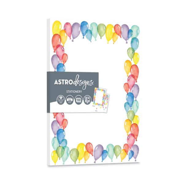 Astrodesigns Pre-Printed Paper, 28 lb Bond Weight, 8.5 x 11, Balloons, 100/Pack