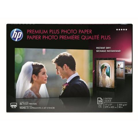 HP Premium Plus Photo Paper, 11.5 mil, 11 x 17, Glossy White, 25/Pack