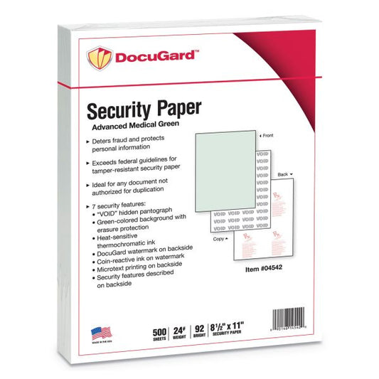 DocuGard Medical Security Papers, 24 lb Bond Weight, 8.5 x 11, Green, 500/Ream