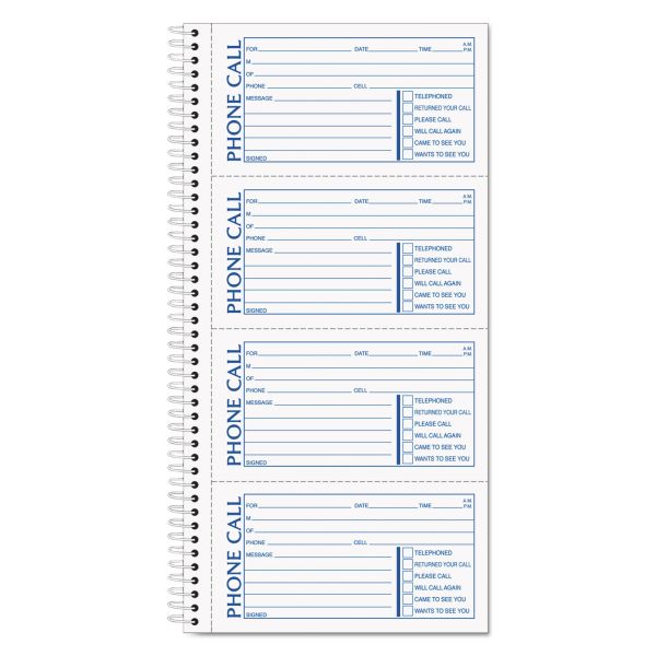 TOPS Spiralbound Message Book, Two-Part Carbonless, 5 x 2.75, 4 Forms/Sheet, 400 Forms Total