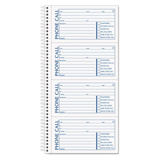 TOPS Spiralbound Message Book, Two-Part Carbonless, 5 x 2.75, 4 Forms/Sheet, 400 Forms Total