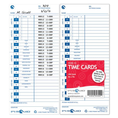 Pyramid Technologies Time Card for Models 3500 and 3700, Weekly, 4 x 9, 100/Pack Time clock cards for models 3500, 3700.