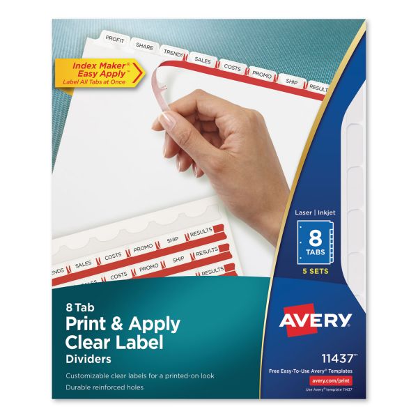 Avery Print & Apply Clear Label Dividers, 8-Tab, White Tab, Letter, 5 Sets