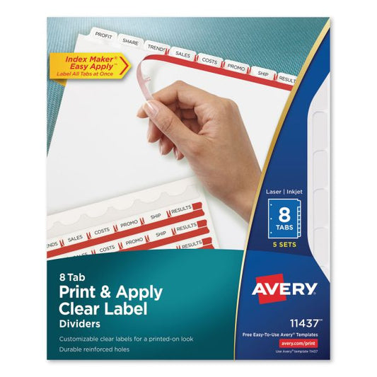 Avery Print & Apply Clear Label Dividers, 8-Tab, White Tab, Letter, 5 Sets