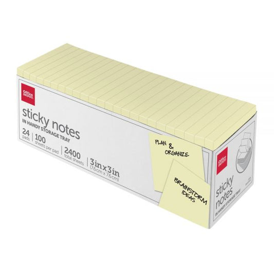 Sticky Notes, With Storage Tray, 3" x 3", Yellow, 100 Sheets Per Pad, Pack Of 24 Pads