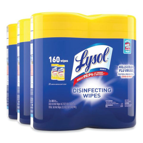 LYSOL Brand Disinfecting Wipes, 7 x 7.25, Lemon and Lime Blossom, 80 Wipes/Canister, 2 Canisters/Pack, 3 Packs/Carton