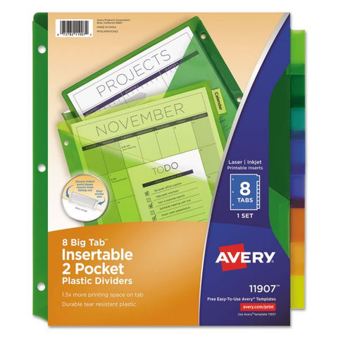 Avery Insertable Big Tab Plastic Dividers w/Double Pockets, 8-Tab, Multi-color Tab, Letter, 1 Set Letter Size - 8-Tab - Assorted Colors - 3-Hole Punched - Plastic - 1 Set/ Pack