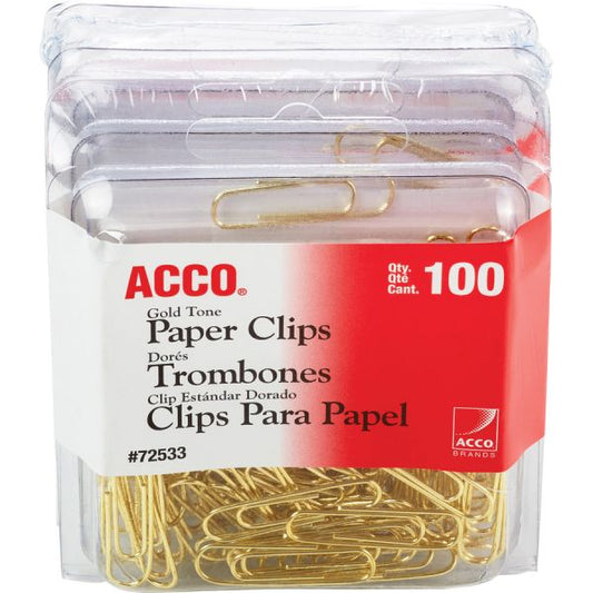 ACCO Gold Tone Paper Clips No. 2 - 1.4" Length x 0.5" Width - 10 Sheet Capacity - for Office, Home, School, Document, Paper - Sturdy, Flex Resistant, Bend Resistant - 400 / Pack - Gold