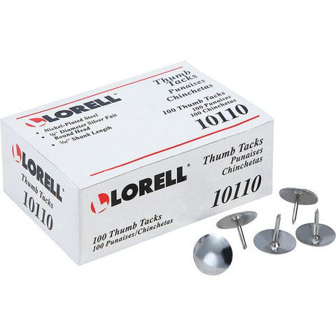 Lorell 5/16" Steel Thumb Tacks 0.31" Shank - 0.38" Head - for Schedule, Wall - 100 / Pack - Silver - Nickel Plated Steel