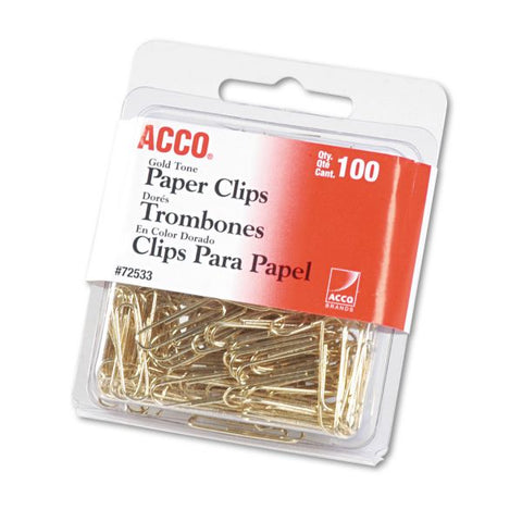 ACCO Gold Tone Paper Clips, #2, Smooth, Gold, 100/Box