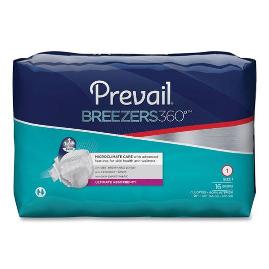 Prevail Breezers360 Degree Briefs, Ultimate Absorbency, Size 1, 26" to 48" Waist, 96/Carton