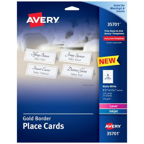 Avery Laser, Inkjet Printable Place Card - Gold, White 97 Brightness - 3 3/4" x 1 7/16" - 65 lb Basis Weight - 176 g/m&#178; Grammage - Matte - 5 / Pack - FSC Mix - Perforated, Print-to-the-edge, Pre-scored