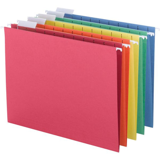 Business Source 1/5 Tab Cut Letter Recycled Hanging Folder 8 1/2" x 11" - Top Tab Location - Blue, Green, Orange, Red, Yellow - 10% Recycled - 25 / Box