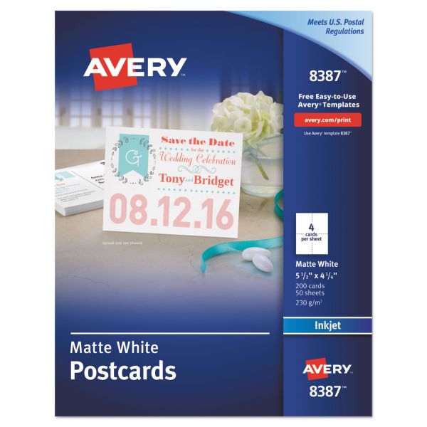 Avery Postcards for Inkjet Printers, 4 1/4 x 5 1/2, Matte White, 4/Sheet, 200/Box