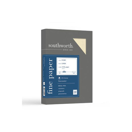 Southworth 25% Cotton Linen Business Paper, 32 lb Bond Weight, 8.5 x 11, Ivory, 250/Pack