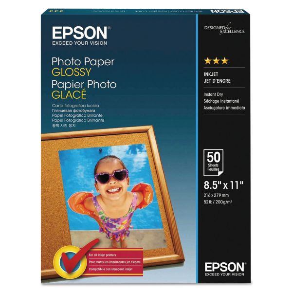 Epson Glossy Photo Paper, 9.4 mil, 8.5 x 11, Glossy White, 100/Pack