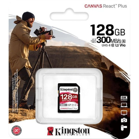 Kingston Canvas React Plus 128 GB Class 10/UHS-II (U3) V90 SDXC 300 MB/s Read - 260 MB/s Write - Lifetime Warranty