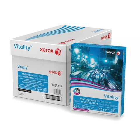 Xerox Vitality 3-Hole Punched Multi-Use Print & Copy Paper, Letter Size (8 1/2" x 11"), 92 (U.S.) Brightness, 24 Lb, FSC Certified, White, 500 Sheets Per Ream, Case Of 10 Reams