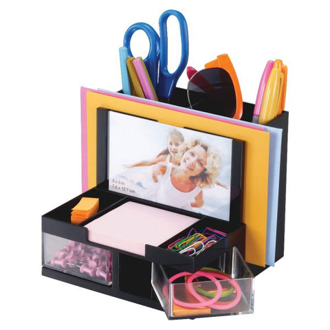 OIC VersaPlus Functional Desktop Organizer 6.2" x 6.3" x 5.5" - 9 Compartments - Plastic - Black & Clear