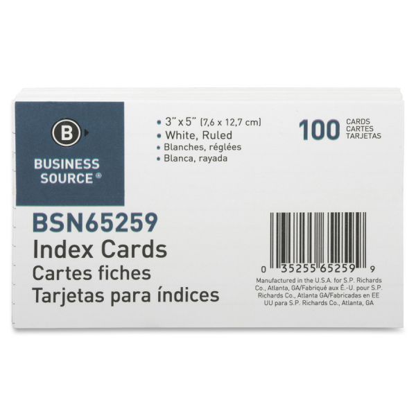 Business Source 3" x 5" Ruled Index Cards 3" x 5" - Ruled - White - 100/ Pack