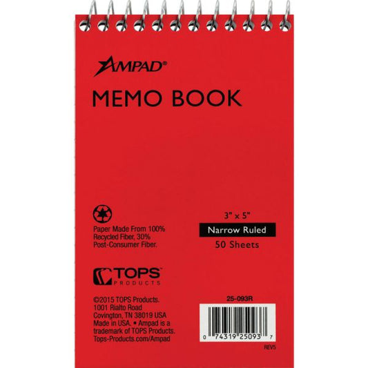 Ampad Memo Books 3" x 5" Size - Ruled - Wire Binding - White Paper - Assorted Cover Colors - 50 Sheets/ Pad - 5 Pads