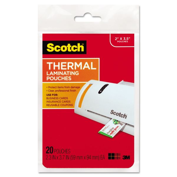 Scotch Laminating Pouches, 5 mil, 3.75" x 2.38", Gloss Clear, 20/Pack