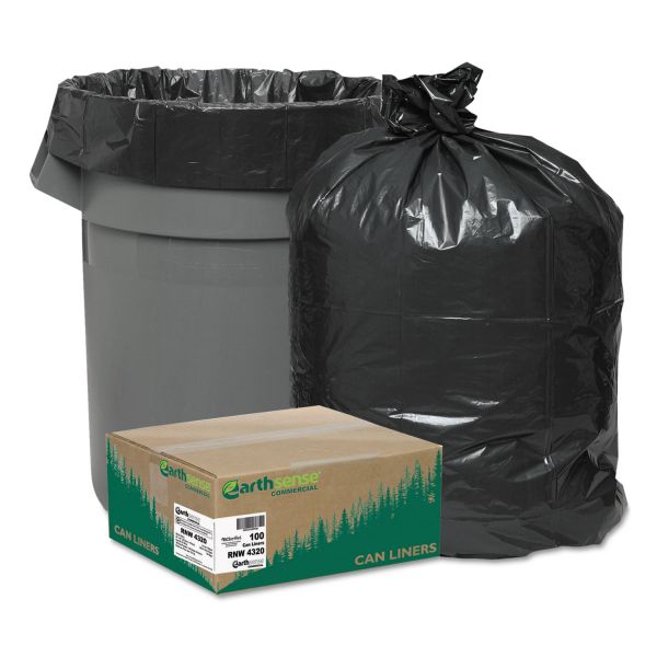 Earthsense Commercial Linear Low Density Recycled Can Liners, 56 gal, 2 mil, 43" x 47", Black, 10 Bags/Roll, 10 Rolls/Carton