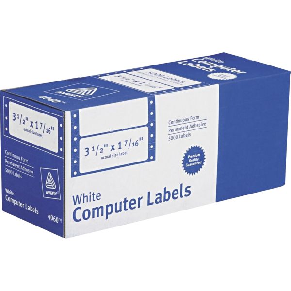 Avery Dot Matrix Printer Mailing Labels, Pin-Fed Printers, 1.44 x 3.5, White, 5,000/Box