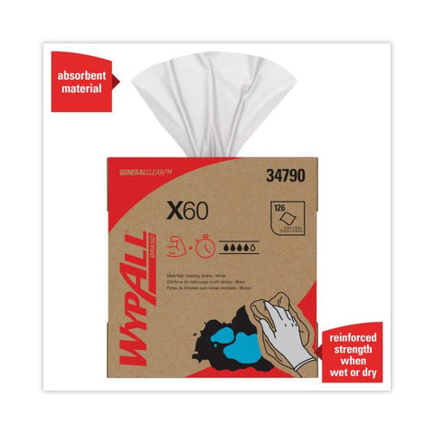 WypAll General Clean X60 Cloths, POP-UP Box, 9.1 x 16.8, White, 126/Box, 10 Boxes/Carton