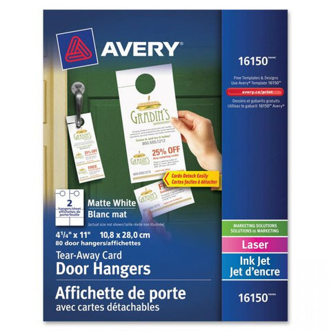 Avery Door Hanger with Tear-Away Cards, 97 Bright, 65 lb Cover Weight, 4.25 x 11, White, 2 Hangers/Sheet, 40 Sheets/Pack