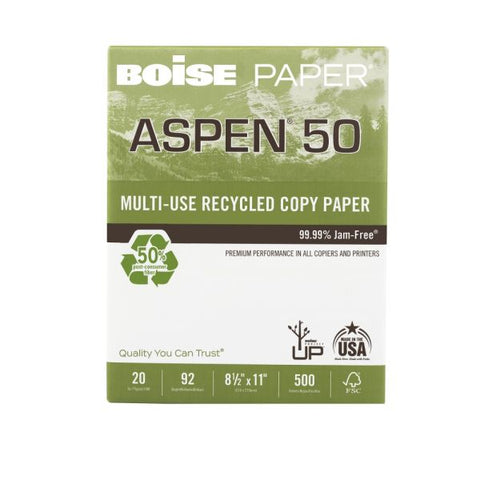 Boise ASPEN 50 Multi-Use Print & Copy Paper, Letter Size (8 1/2" x 11"), 92 (U.S.) Brightness, 20 Lb, 50% Recycled, FSC Certified, White, Ream Of 500 Sheets