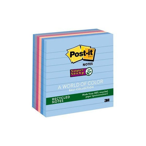 Post-it Notes Super Sticky Recycled Notes in Wanderlust Pastels Collection Colors, Note Ruled, 4" x 4", 90 Sheets/Pad, 6 Pads/Pack