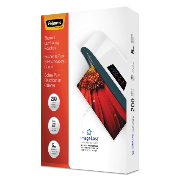 Fellowes ImageLast Laminating Pouches with UV Protection, 5 mil, 9" x 11.5", Clear, 200/Pack