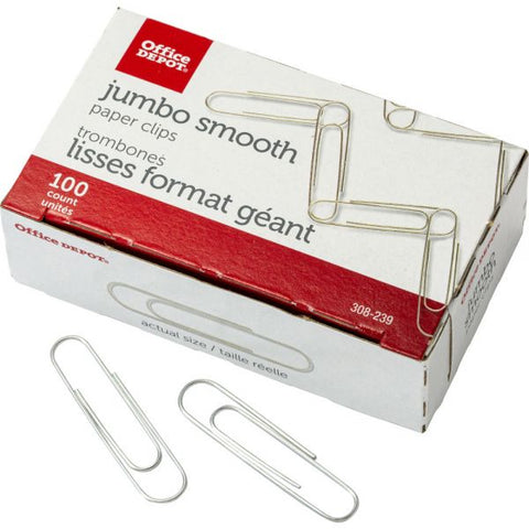 Jumbo Paper Clips, 1-7/8", 20-Sheet Capacity, Silver, 100 Clips Per Box, Pack Of 10 Boxes