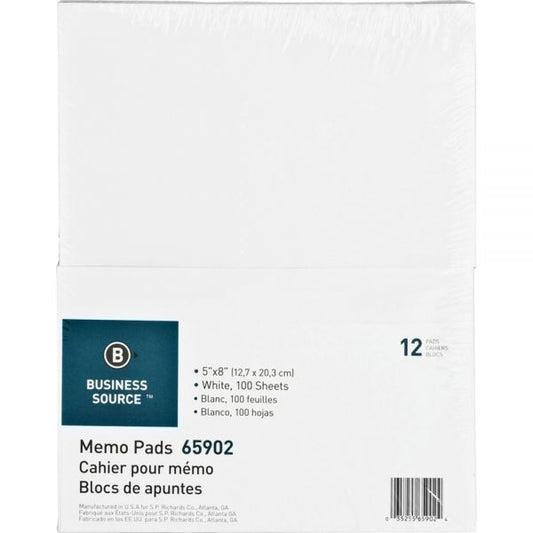 Business Source 65902 Memo Pad 100 Sheet(s) - 16 lb - Unruled - 5" x 8" - 1 Dozen - White