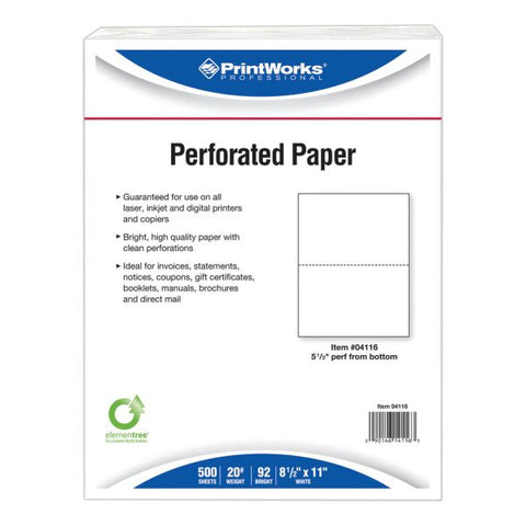 Printworks Professional Perforated Custom Cut Paper 8 1/2" x 11" - Perforated At 5 1/2" - 20 lb Paper Weight - White - 500 Sheets/ Ream