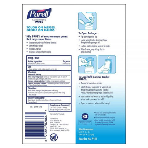 PURELL Premoistened Hand Sanitizing Wipes, Cloth, 5.75 x 7, 100/Canister