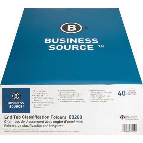 Business Source Letter Recycled Medical File Folder 8 1/2" x 11" - 3/4" Expansion - 2" Fastener Capacity - End Tab Location - 10% Recycled - 40 / Box