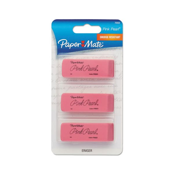 Paper Mate Pink Pearl Eraser, For Pencil Marks, Rectangular Block, Medium, Pink, 3/Pack