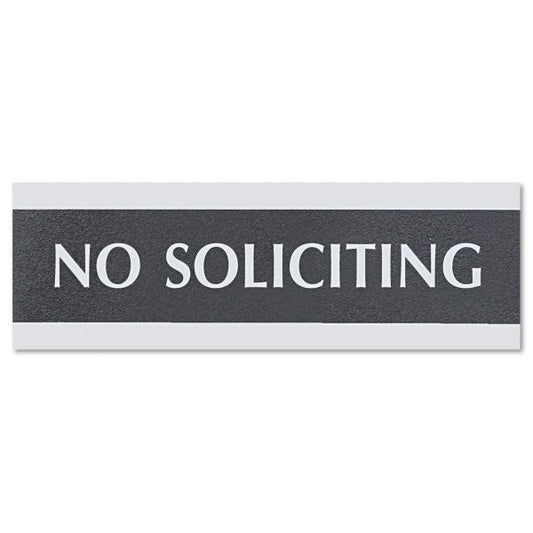 Headline Sign Century Series Office Sign, NO SOLICITING, 9 x 3, Black/Silver