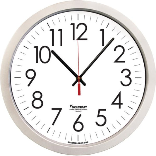 SKILCRAFT Silver Contemporary Wall Clock Analog - Quartz - Plastic Case - Contemporary Style - TAA Compliant