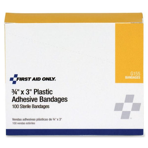 First Aid Only Plastic Adhesive Bandages, 3 x 0.75, 100/Box