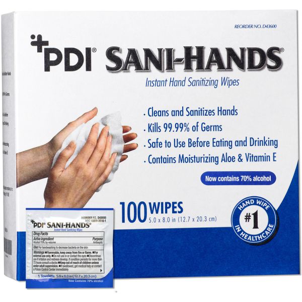 PDI Sani-Hands Instant Hand Sanitizing Wipes Antimicrobial, Anti-septic, Dye-free, Fragrance-free, Hygienic, Resealable - For Hand - 100 Per Box - 10 / Carton