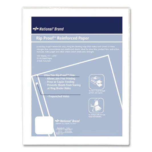 National Rip Proof Reinforced Filler Paper, 3-Hole, 8.5 x 11, Unruled, 100/Pack