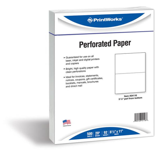 Printworks Professional Perforated Custom Cut Paper 8 1/2" x 11" - Perforated At 5 1/2" - 20 lb Paper Weight - White - 500 Sheets/ Ream