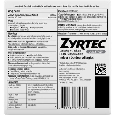 Zyrtec AllergyTablets For Runny Nose, Sneezing, Itchy Throat - 30 / Box