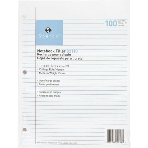 Sparco College Ruled Loose Leaf Paper 8.50" x 11" - College Ruled - 16 lb Paper Weight - 3-Hole Punched - White - 100 Sheets/ Pack