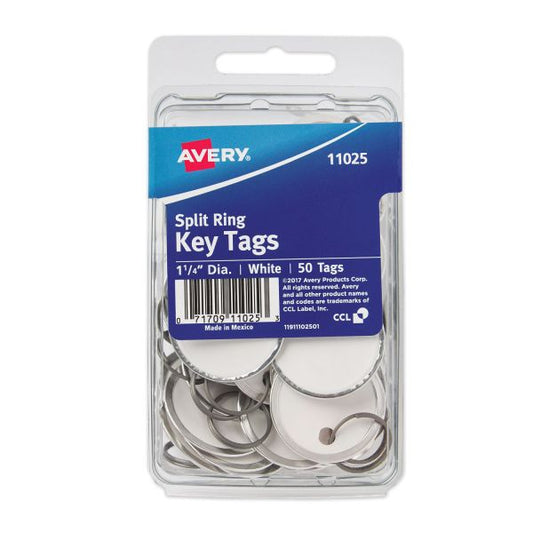 Avery Key Tags with Split Ring, 1.25" dia, White, 50/Pack