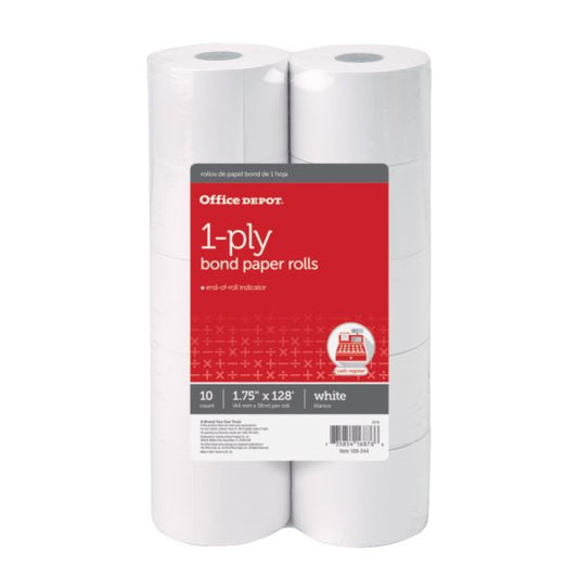 Register Bond Paper Rolls, 1 3/4" x 128', 1-Ply, White, Pack Of 10